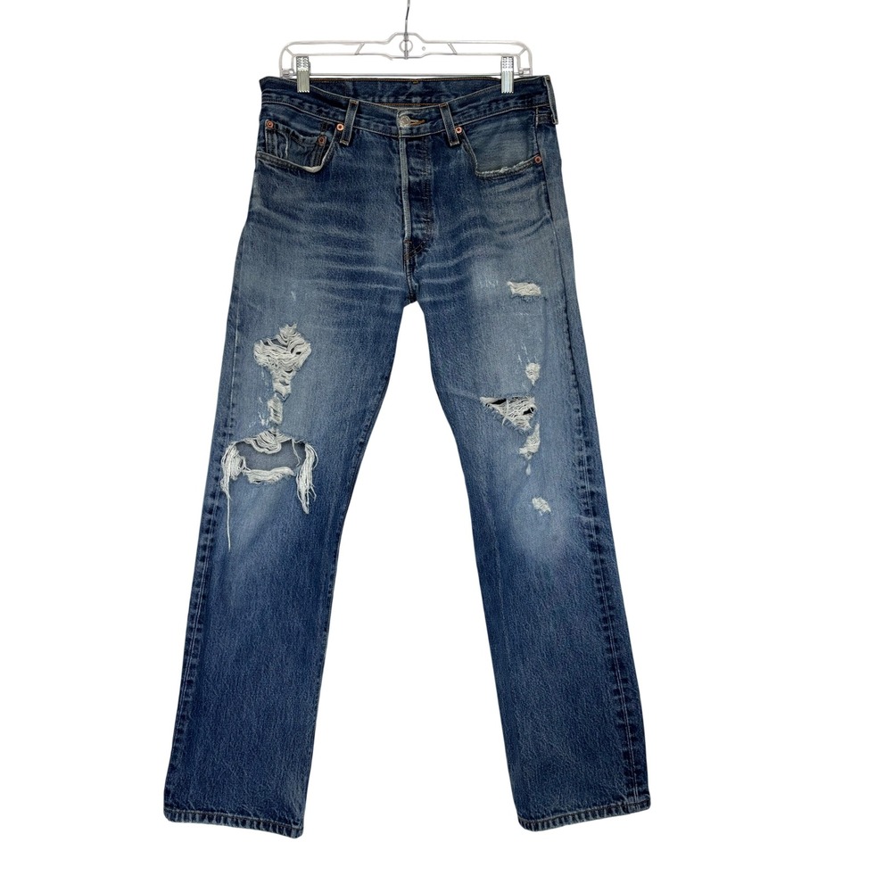 Levis 501 Mens Distressed Straight Leg Jeans Blue Denim 33x30 Button Fly Vintage